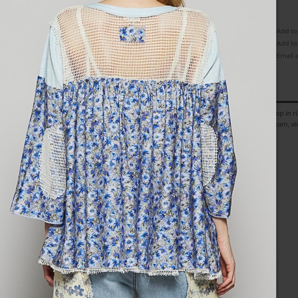 POL Powder Blue Flora Print Mesh half button 3/4 sleeve top - Picture 4 of 5